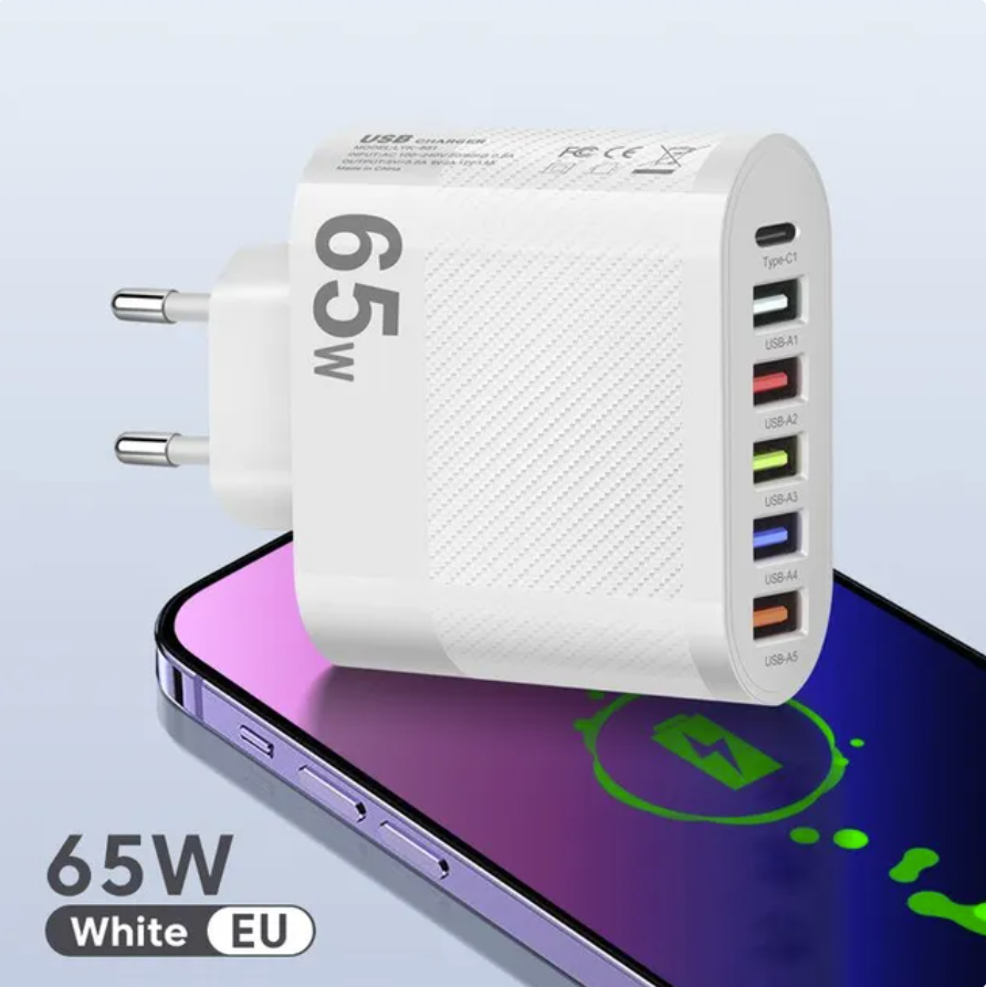 Ładowarka z 6 portami 65 W - PD / Quick Charge 3.0 / Ładowarka USB Wtyczka ładowarki Adapter ładowarki Biały