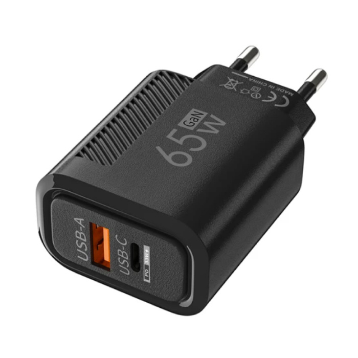 Maerknon Cargador Rápido GaN de 2 Puertos 65W - PD / Quick Charge 3.0 / Adaptador de Cargador de Enchufe USB Negro