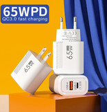 Maerknon 2-Poort GaN Snellader 65W - PD / Quick Charge 3.0 / USB Oplader Lader Stekkerlader Adapter Wit
