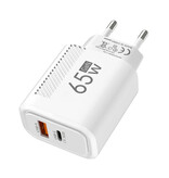 Maerknon Cargador Rápido GaN de 2 Puertos 65W - PD / Quick Charge 3.0 / Adaptador de Cargador de Enchufe USB Blanco