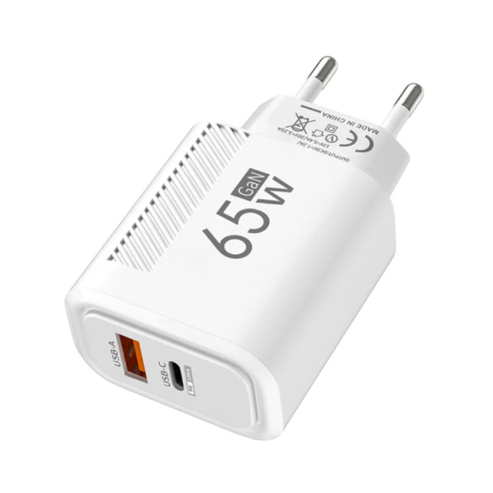 Cargador Rápido GaN de 2 Puertos 65W - PD / Quick Charge 3.0 / Adaptador de Cargador de Enchufe USB Blanco