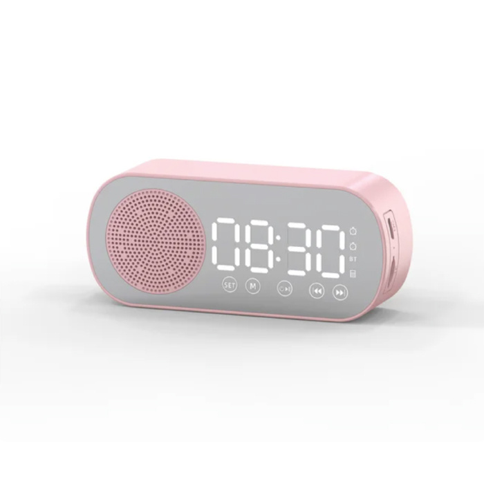 Stuff Certified® Alarm Clock Speaker - Mirror FM Radio LED Snooze Alarm Clock - Pink