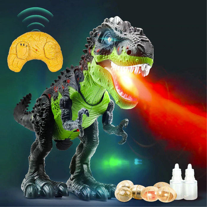 RC Dinosaur (T-Rex) with Mist Effect - Remote Control Toy Tyrannosaurus Rex Dino Robot Green