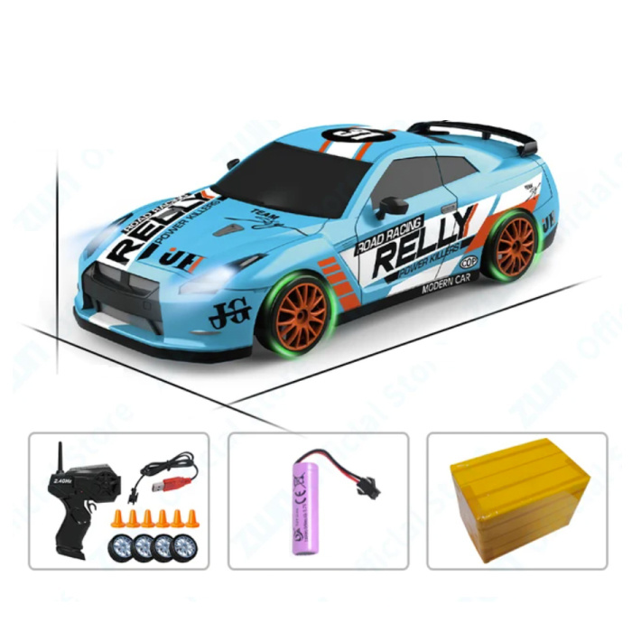 Stuff Certified® Auto RC con telecomando - Modello GTR - Deriva ad alta velocità con luce LED in scala 1:24 - Blu