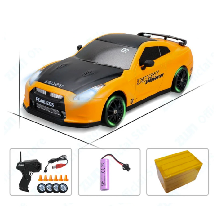 RC-Auto mit Fernbedienung – GTR-Modell – Hochgeschwindigkeits-Drift mit LED-Licht im Maßstab 1:24 – Gelb