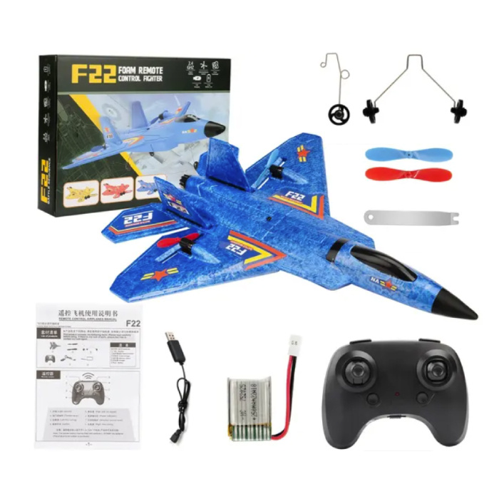 F22 Raptor RC Jet Glider with Remote Control - Pilotable Toy Model Hover Airplane - Blue