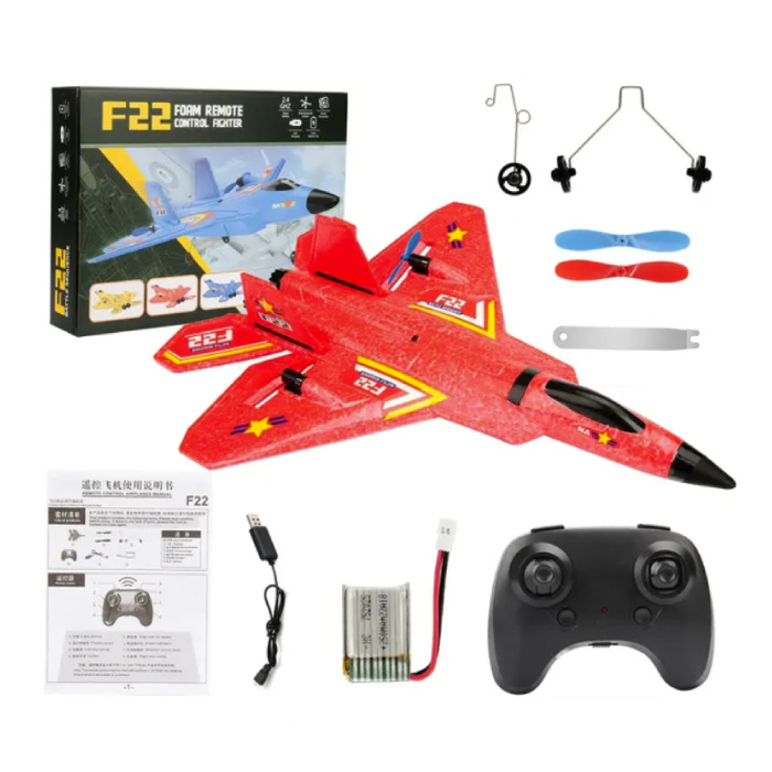 F22 Raptor RC Jet Glider with Remote Control - Pilotable Toy Model Hover Airplane - Red