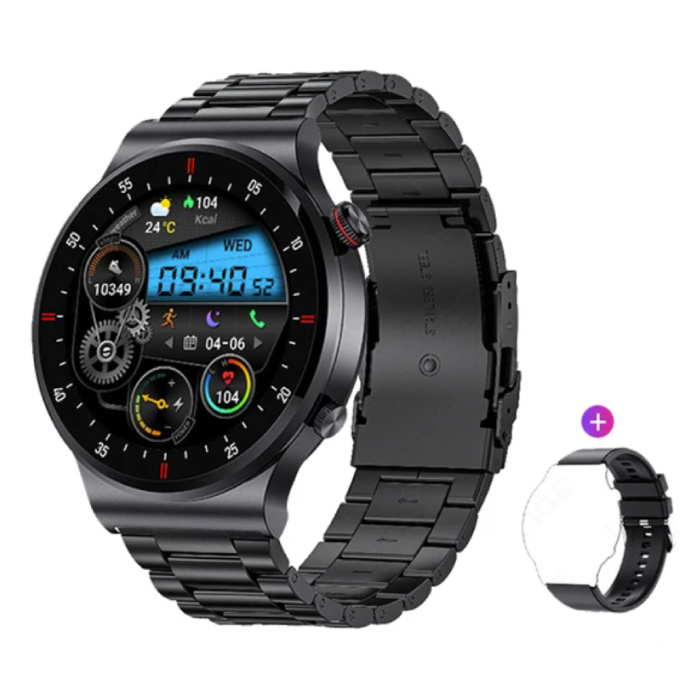 Smartwatch z monitorem pracy serca i miernikiem tlenu – Zegarek z monitorem stanu zdrowia – Pasek metalowy – Czarny