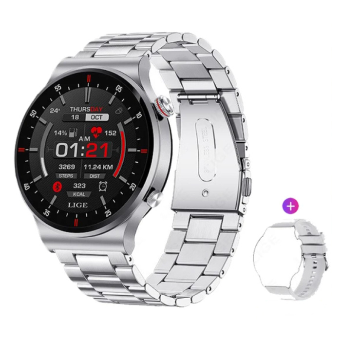 Smartwatch z monitorem pracy serca i miernikiem tlenu – Zegarek z monitorem stanu zdrowia – Pasek metalowy – Srebrny