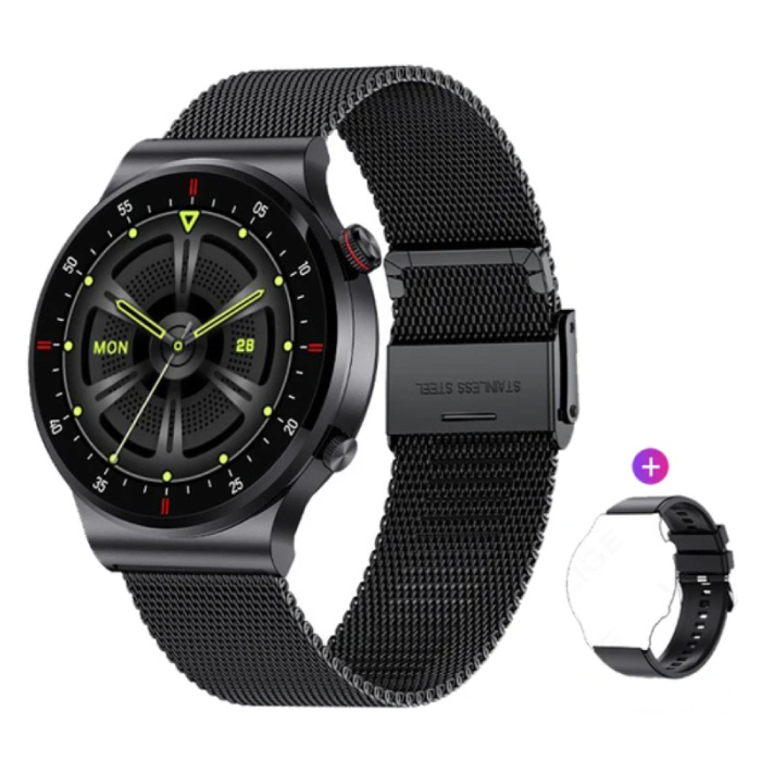 Smartwatch z monitorem pracy serca i miernikiem tlenu – Zegarek z monitorem stanu zdrowia – Pasek z siateczki – Czarny