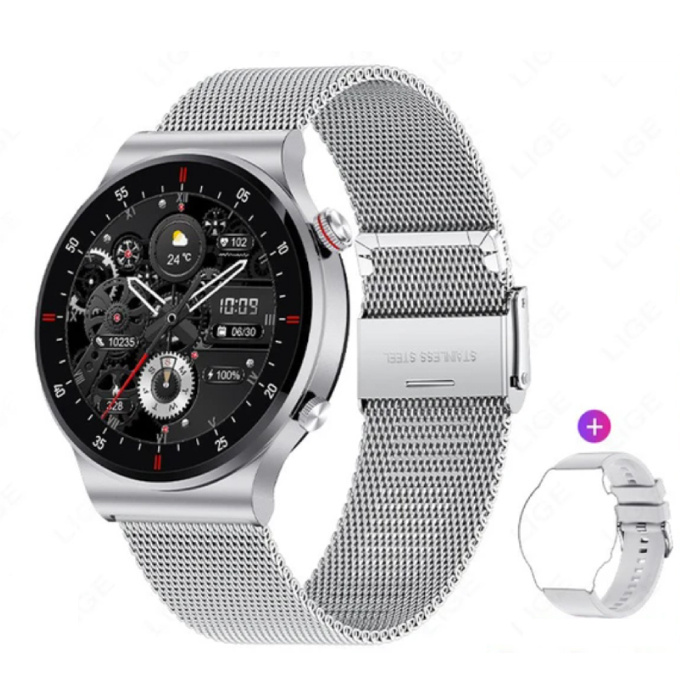 Smartwatch z monitorem pracy serca i miernikiem tlenu – sportowy zegarek monitorujący stan zdrowia – pasek z siateczki – srebrny