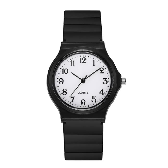 Montre en silicone – Montre-bracelet à quartz pour étudiantes – Noir et blanc