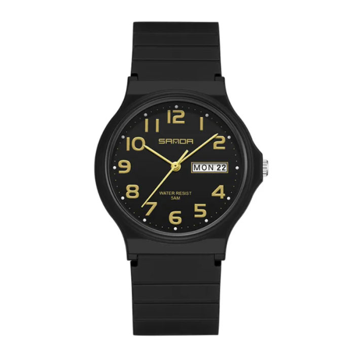 9072 Silikonuhr – Quarz-Armbanduhr, TPU-Armband, 5 ATM wasserdicht – Schwarz-Gold