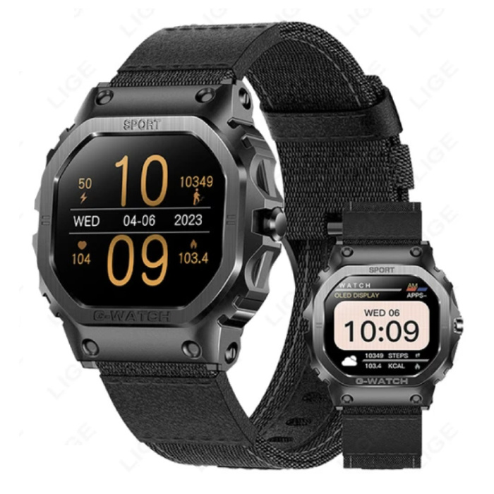 Monitor stanu zegarka Smartwatch - Zegarek monitorujący stan zdrowia sportowego - Pleciony nylonowy pasek - Czarny