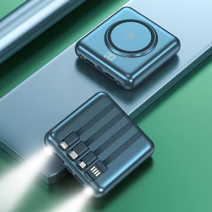 Mini Power Bank Qi de 20.000 mAh con 2 puertos de carga y 4 cables - Cargador de batería externo - Azul