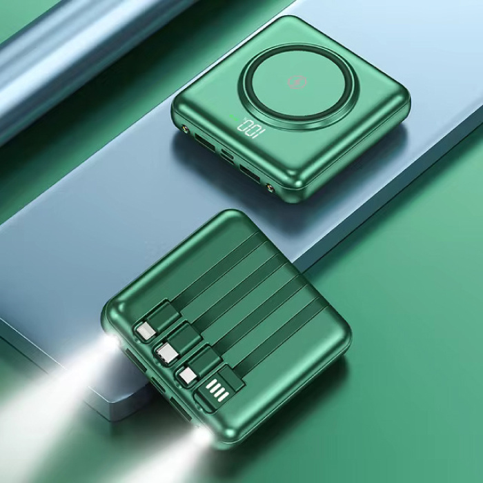 Mini Power Bank Qi da 20.000 mAh con 2 porte di ricarica e 4 cavi - Caricabatteria esterno - Verde