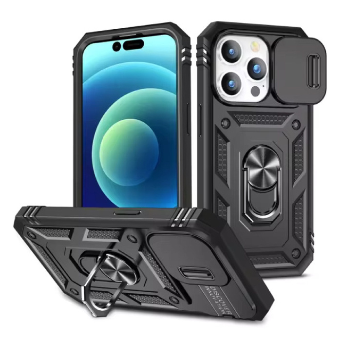 Armor Case para iPhone SE (2022) - con soporte y deslizador para cámara - Cubierta con agarre magnético - Negro