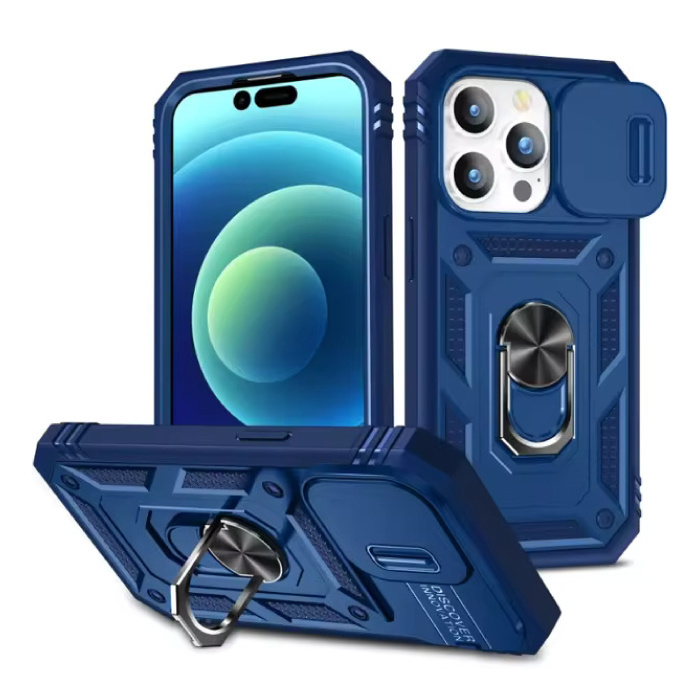 Custodia Armor per iPhone XR - con cavalletto e scorrimento per fotocamera - Cover con impugnatura magnetica - blu