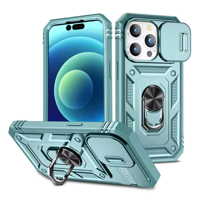 Armor Case para iPhone SE (2022) - con soporte y deslizador para cámara - Cubierta con agarre magnético - Verde