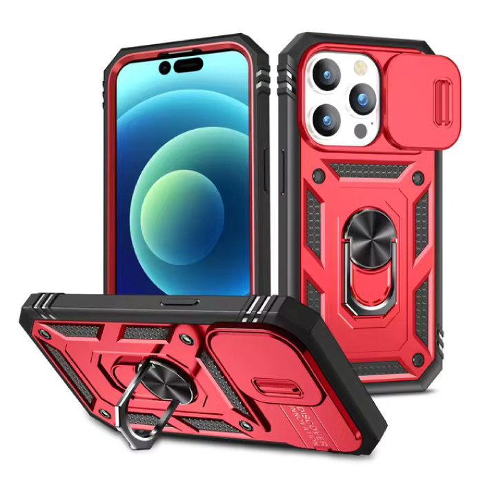 Armor Case for iPhone 15 Pro Max - with Kickstand and Camera Slide - Magnet Grip Cover - Red