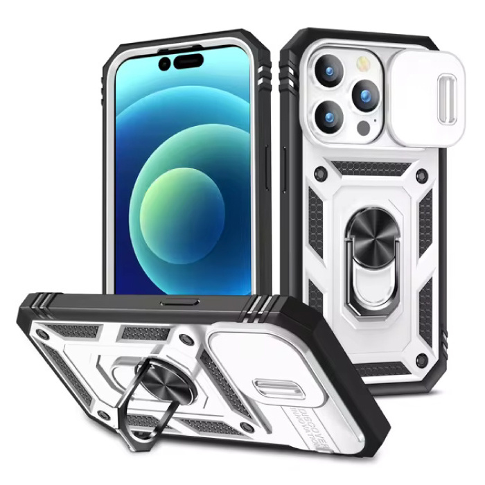 Armor Case for iPhone 15 Pro Max - with Kickstand and Camera Slide - Magnet Grip Cover - White