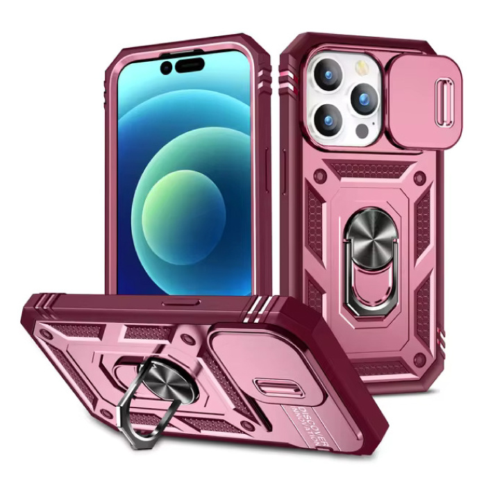 Custodia Armor per iPhone XR - con cavalletto e scorrimento per fotocamera - Cover con impugnatura magnetica - rosa