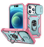 WENBIN Armor Case pour iPhone SE (2022) - avec béquille et glissière pour appareil photo - Magnet Grip Cover - Rose-Vert