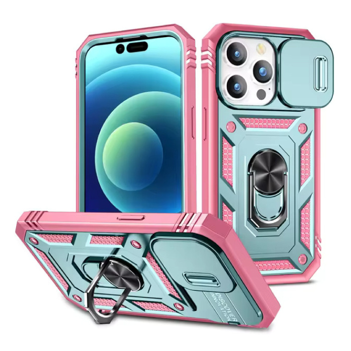 Armor Case for iPhone SE (2022) - with Kickstand and Camera Slide - Magnet Grip Cover - Pink-Green