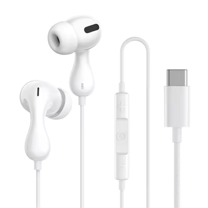 HZ20 Earbuds with Microphone and Controls - USB-C Earphones Volume Control Wired Earphones - White