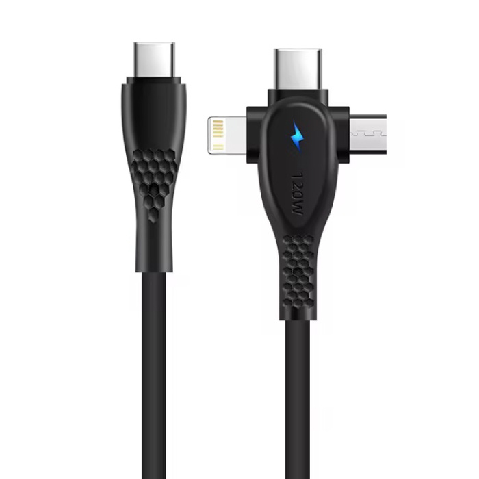 3 in 1 USB-C Charging Cable - iPhone Lightning / USB-C / Micro-USB - 1.5 Meter Charger Data Cable - Black