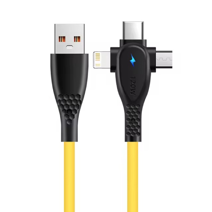3 in 1 USB-C Charging Cable - iPhone Lightning / USB-C / Micro-USB - 1.5 Meter Charger Data Cable - Yellow - Copy
