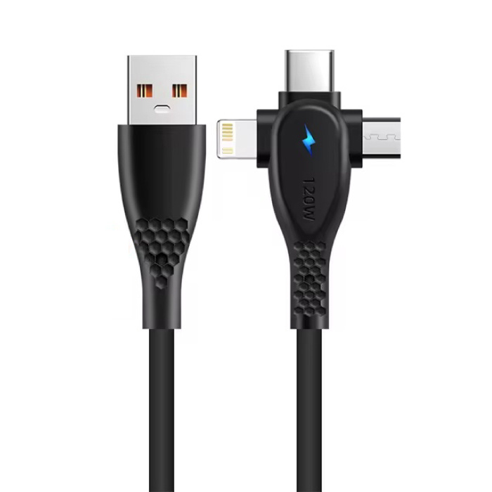 3-in-1-USB-Ladekabel – iPhone Lightning / USB-C / Micro-USB – 1,5 Meter langes Ladegerät-Datenkabel – Schwarz