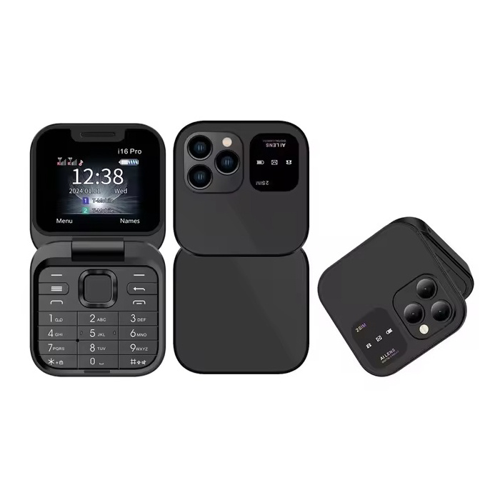 Mini Teléfono Plegable I16 Pro - Pantalla HD de 1,77 pulgadas - Dual SIM - Batería de 1000mAh - Negro