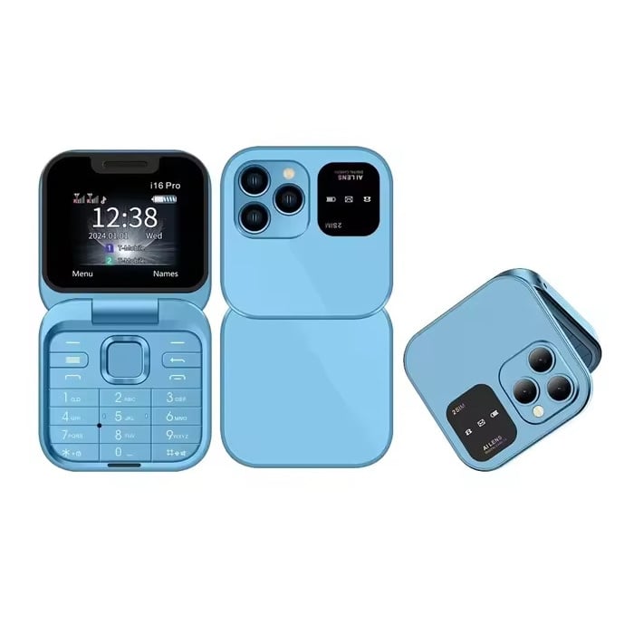 Mini teléfono plegable I16 Pro - Pantalla HD de 1,77 pulgadas - Doble SIM - Batería de 1000 mAh - Azul