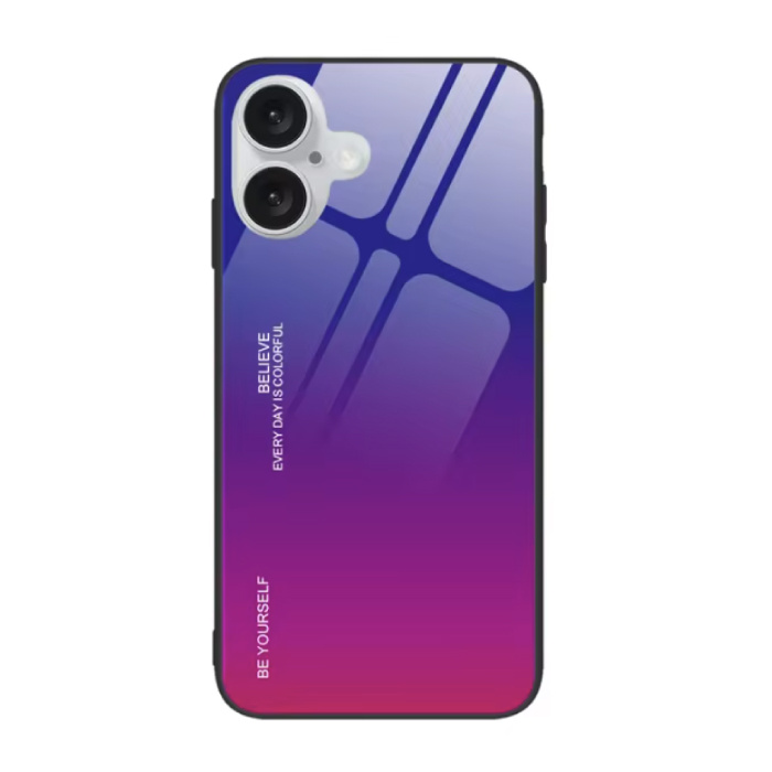iPhone 15 Plus Case Gradient - TPU and 9H Glass - Shockproof Glossy Case Cover - Purple-Pink