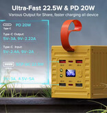 Qoovi 60.000-mAh-Powerbank mit 5 Ladeanschlüssen (USB, USB-C) – LED-Anzeige und integrierte Taschenlampe – 22,5-W-Akkuladegerät – Gelb