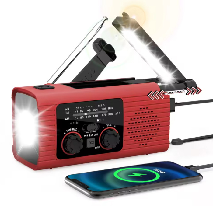 4000mAh Solar Power Bank & Emergency Radio with Dynamo - Built-in Flashlight - Emergency Battery Charger - Red