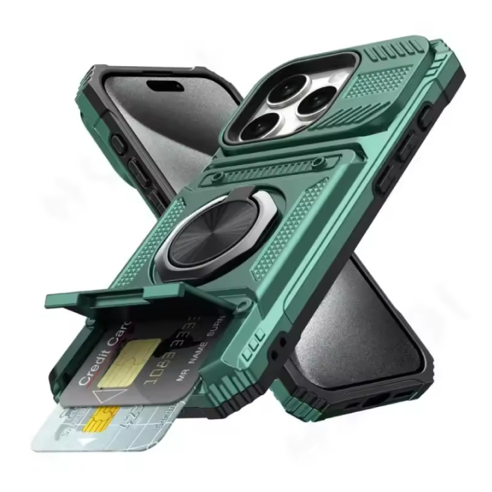 iPhone 15 Pro - Funda con Ranura para Tarjetas y Soporte - Funda Magnética Grip Socket - Verde