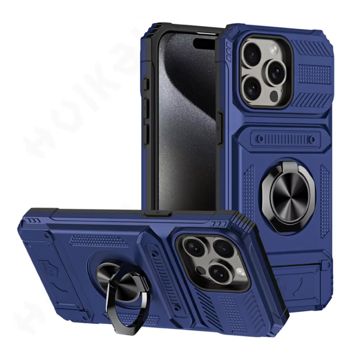 FAAGXUAA iPhone 15 - Funda con ranura para tarjeta y función atril - Funda con tapa magnética Grip Socket - Azul