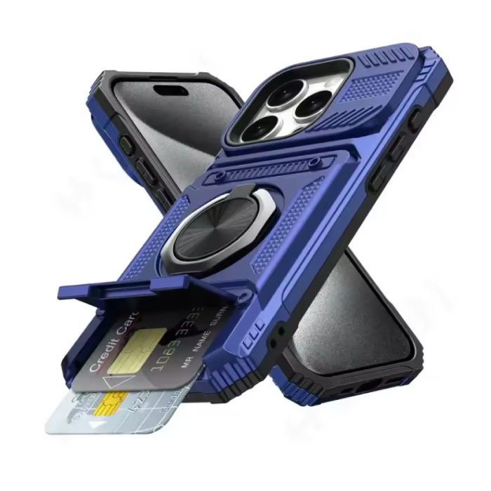 FAAGXUAA iPhone 13 Pro - Card Slot Hoesje met Kickstand - Grip Socket Magnetische Cover Case - Blauw