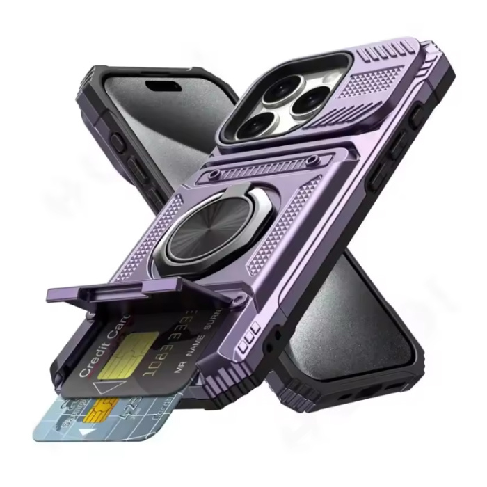 iPhone 16 Pro Max - Custodia con slot per scheda e cavalletto - Custodia con cover magnetica con presa per impugnatura - Viola