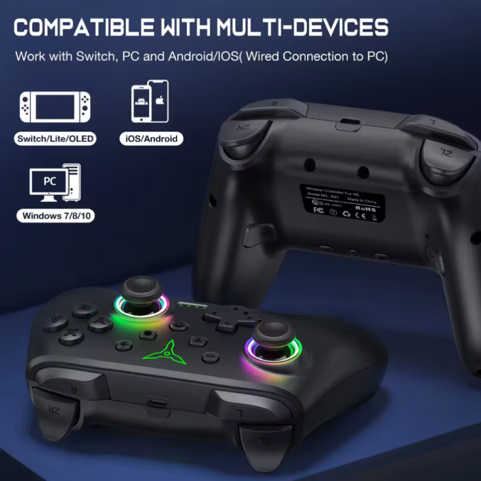 DinoFire Controlador de juegos RGB para Nintendo Switch / PC - Gamepad inalámbrico Bluetooth - Negro