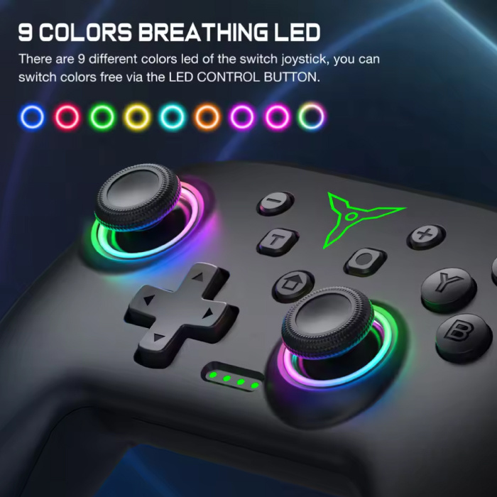 DinoFire Controlador de juegos RGB para Nintendo Switch / PC - Gamepad inalámbrico Bluetooth - Negro