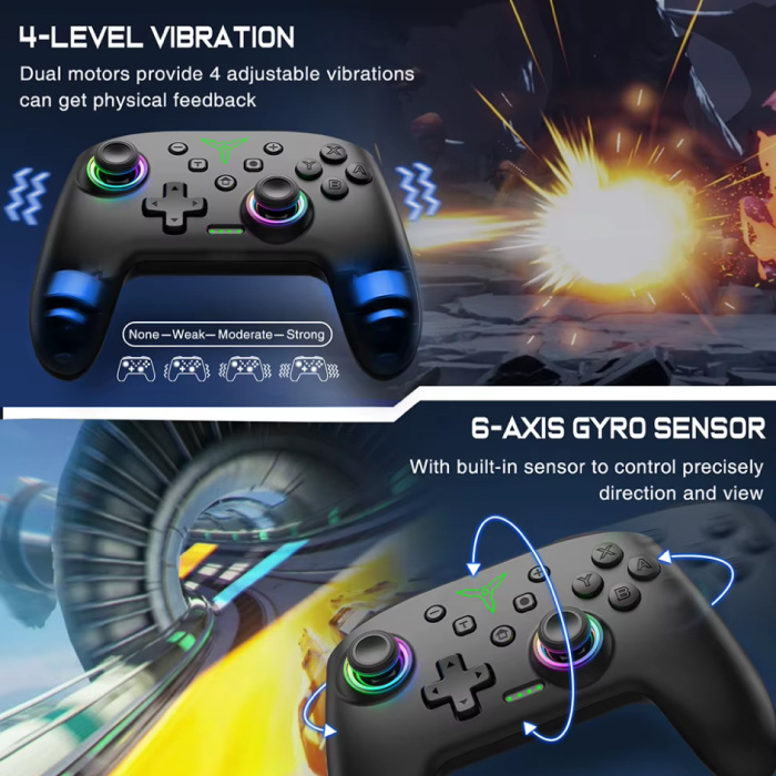 DinoFire RGB Gaming Controller voor Nintendo Switch / PC - Draadloze Bluetooth Gamepad - Zwart