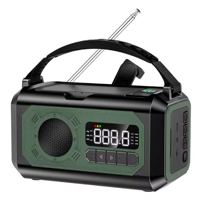 12000mAh Solar Powered Radio Powerbank with Dynamo - Built-in Flashlight - Battery Charger Emergency Radio Receiver - Dark Green
