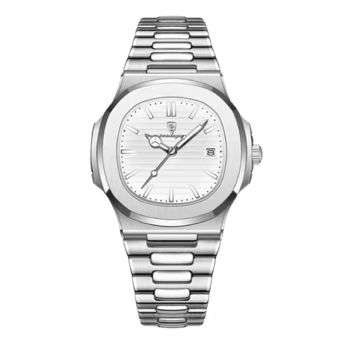 Montre d'affaires de luxe pour homme - Mouvement à quartz étanche en acier inoxydable - Blanc argenté