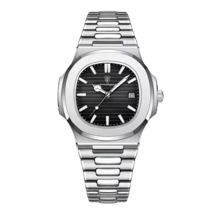 Montre d'affaires de luxe pour homme - Mouvement à quartz étanche en acier inoxydable - Argent noir
