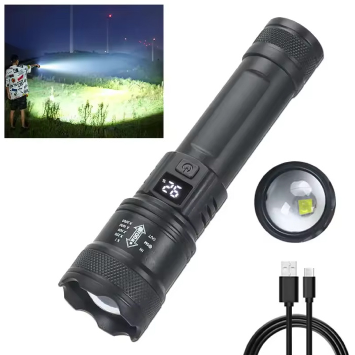 Linterna táctica - Foco LED de 2000 lúmenes con zoom para emergencias de camping - Color negro