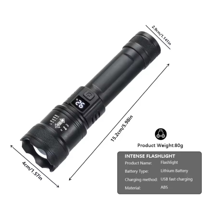 ZHIYU Taktische Taschenlampe – 2000 Lumen LED-Strahler mit Zoom, Camping-Notlaterne – Schwarz