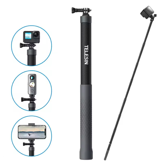 Koolstofvezel Selfie Stick 3 Meter - Intrekbare Vlog Statief Monopod Selfiestick - Zwart